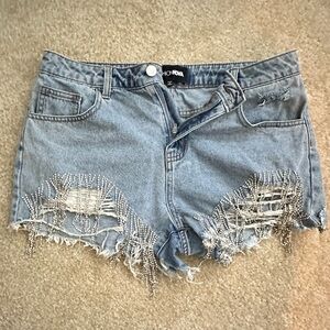Fashion Nova “came through dripping” rhinestone embellished jean shorts. Size M